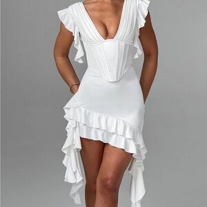 Chic Asymmetrical White Ruffle Dress